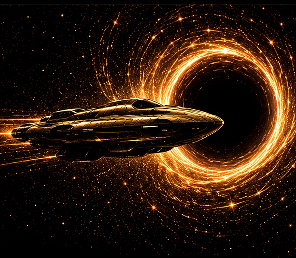 Gold spaceship approaching a glowing black hole